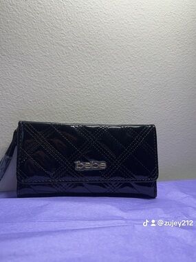 bebe Black Quilted Patent Clutch Wallet with Logo Plaque